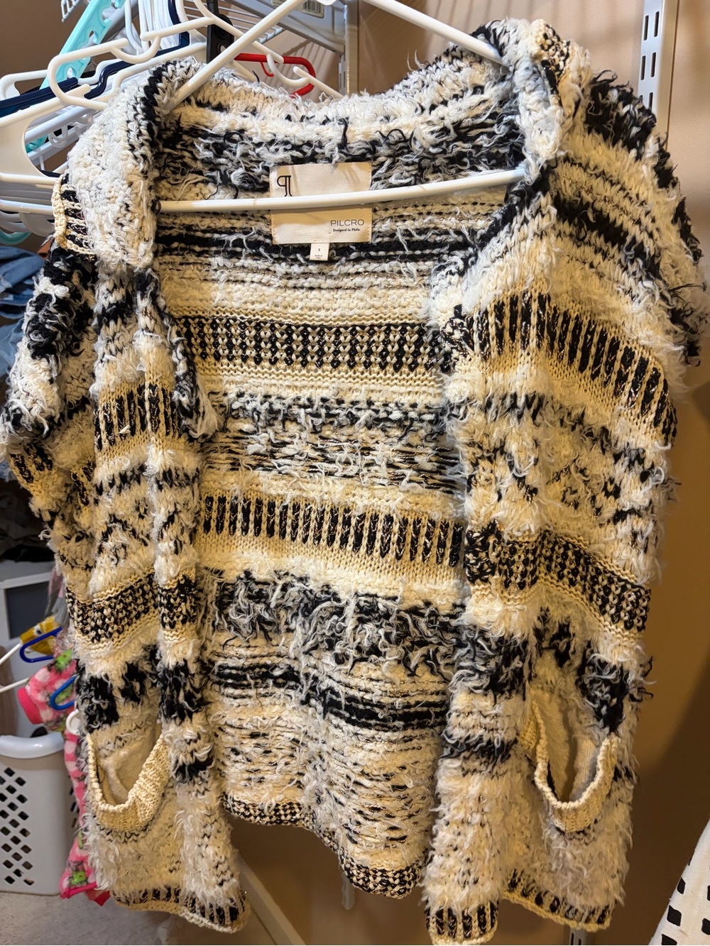 Pilcro Black and Cream Hooded Textured Open-Front Cardigan